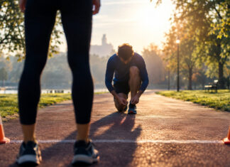 Läufer bindet im Park die Schuhe, im Hintergrund steht jemand an einer Startlinie bereit