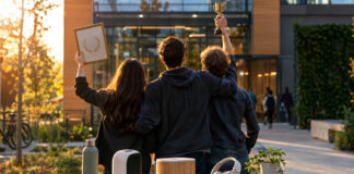 Gründerteam vor Startup-Campus mit Pokal und fertigen Produkten im warmen Licht.