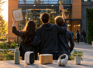 Gründerteam vor Startup-Campus mit Pokal und fertigen Produkten im warmen Licht.