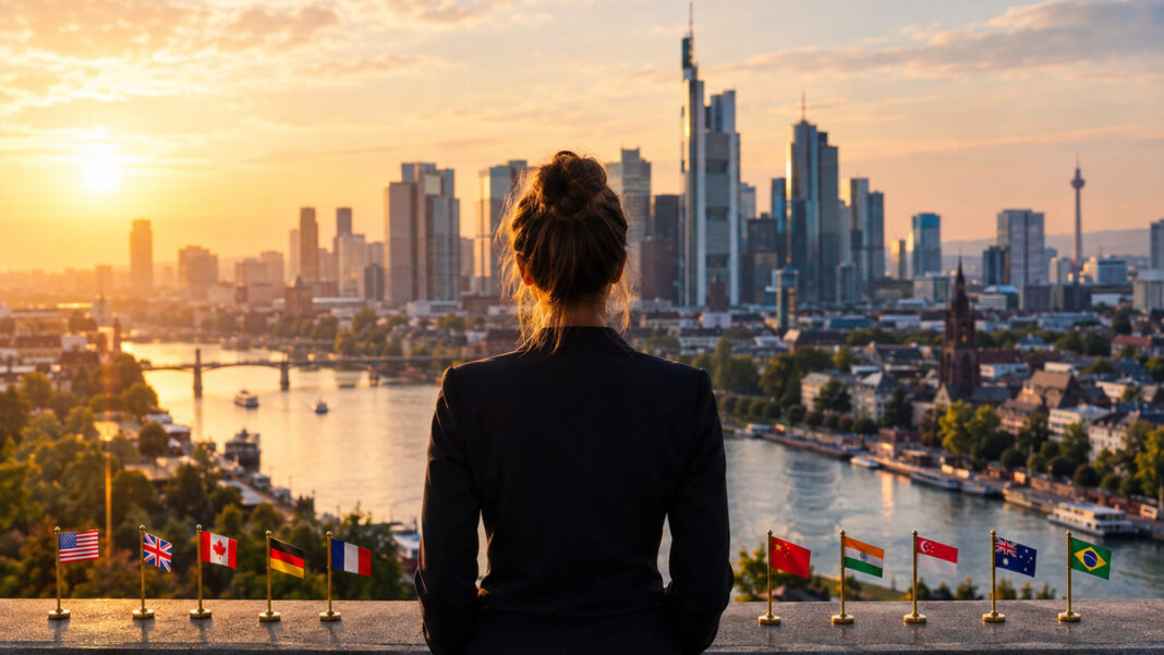 Top 10 Startups Welt Gründerin blickt auf eine Skyline mit Startup-Hochhäusern und Standort-Markierungen am Ufer