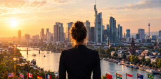 Gründerin blickt auf eine Skyline mit Startup-Hochhäusern und Standort-Markierungen am Ufer