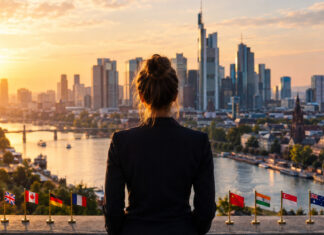 Gründerin blickt auf eine Skyline mit Startup-Hochhäusern und Standort-Markierungen am Ufer