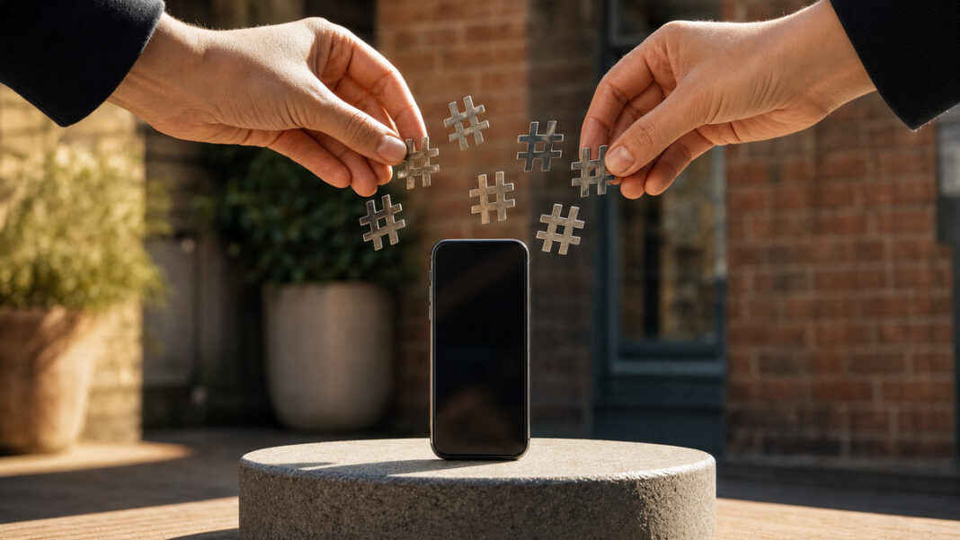 Instagram-Hashtags für Reichweite Smartphone auf Podest mit schwebenden Hashtag-Symbolen, von Händen arrangiert, im warmen Tageslicht