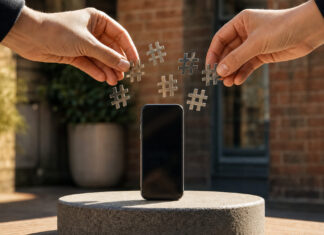 Smartphone auf Podest mit schwebenden Hashtag-Symbolen, von Händen arrangiert, im warmen Tageslicht