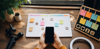 Haende halten ein Smartphone neben einem Content-Planer und bunten Karten im Tageslicht.