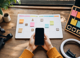 Haende halten ein Smartphone neben einem Content-Planer und bunten Karten im Tageslicht.