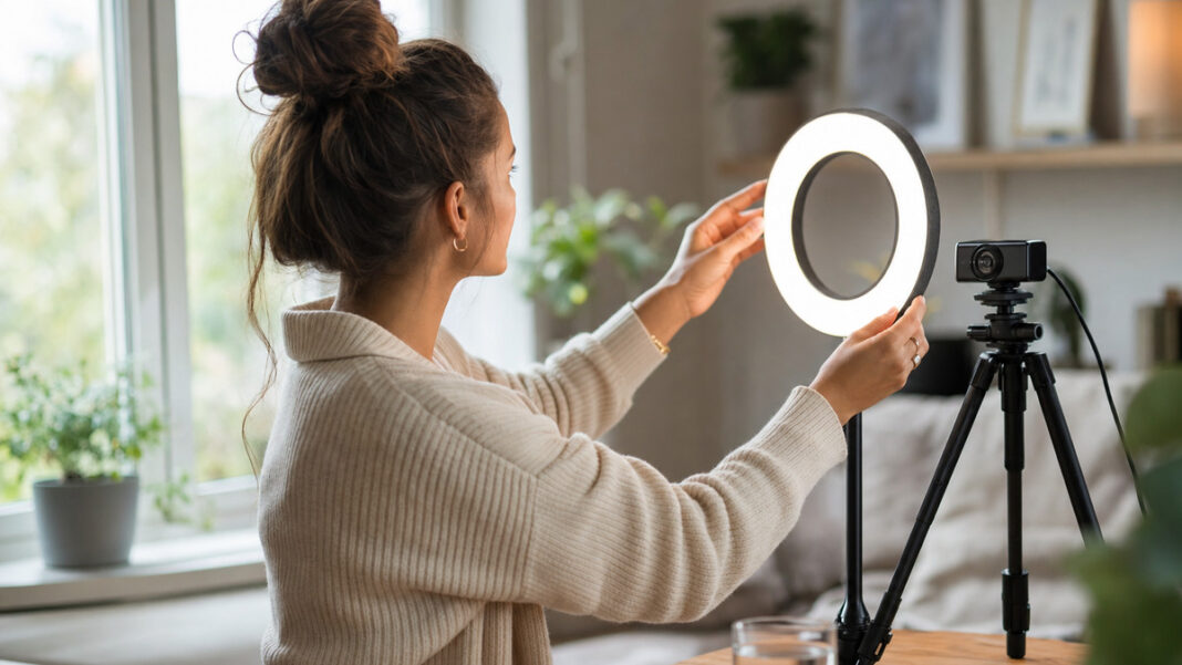 Virtuelle Präsenz vor der Webcam Person richtet eine Ringleuchte vor einer Webcam im hellen Wohnraum aus.