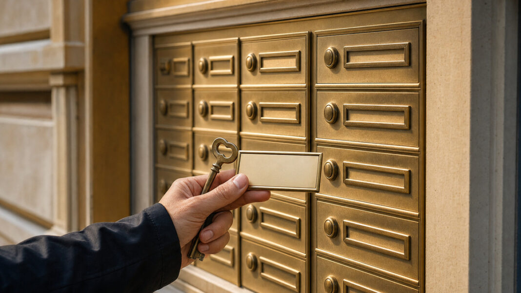 Virtuelle Firmenadresse Messing-Briefkastenwand an einem Altbau, davor eine Hand mit Schlüssel und Adressschild im warmen Licht.