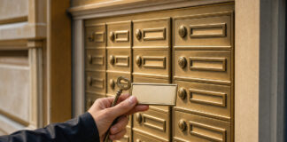 Messing-Briefkastenwand an einem Altbau, davor eine Hand mit Schlüssel und Adressschild im warmen Licht.