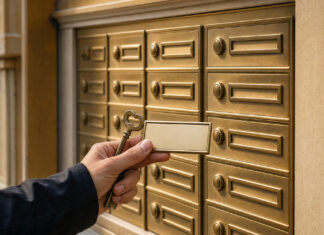 Messing-Briefkastenwand an einem Altbau, davor eine Hand mit Schlüssel und Adressschild im warmen Licht.