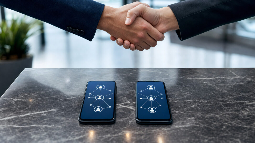 Zwei Smartphones mit vernetzten Profilen und ein Business-Händedruck im natürlichen Licht.