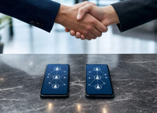 Zwei Smartphones mit vernetzten Profilen und ein Business-Händedruck im natürlichen Licht.