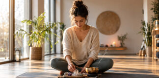 Gründerin meditiert neben Kristall und Klangschale im hellen Studio