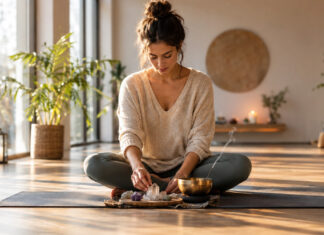 Esoterik Startups – Erfolg mit Spiritualität Gründerin meditiert neben Kristall und Klangschale im hellen Studio