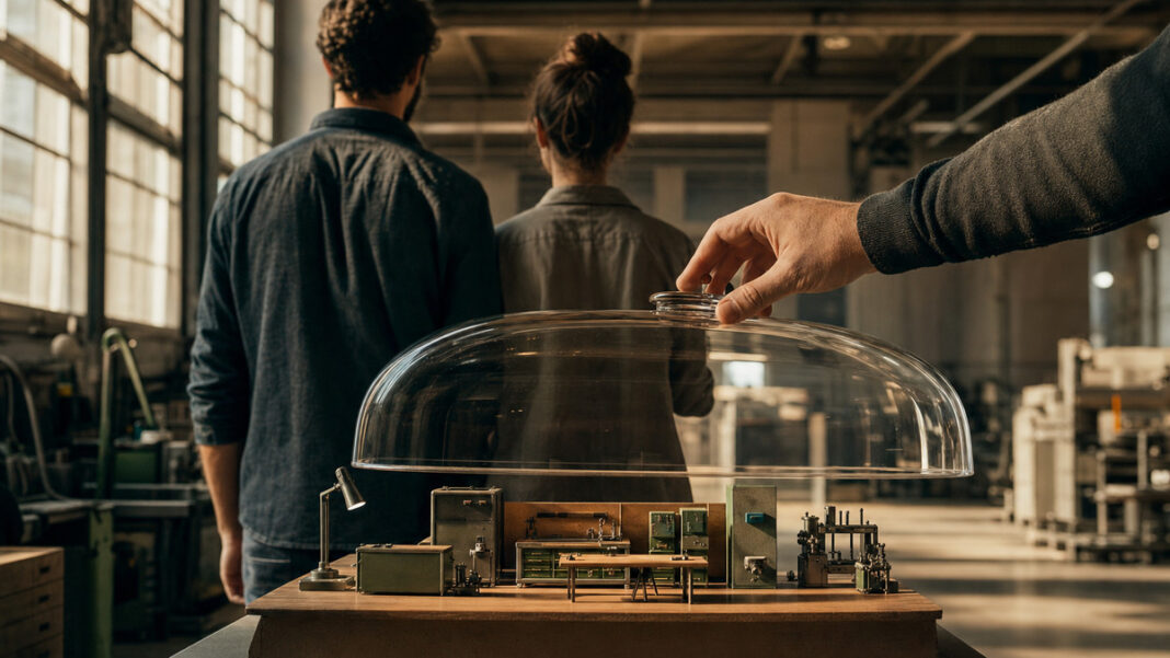 Zwei Personen von hinten vor einer Werkhalle, ein transparenter Schutzschild über einem Startup-Modell
