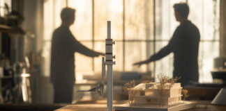 Metallmaßstab neben Architekturmodell, zwei Silhouetten im Hintergrund