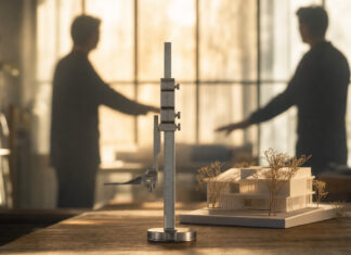Metallmaßstab neben Architekturmodell, zwei Silhouetten im Hintergrund