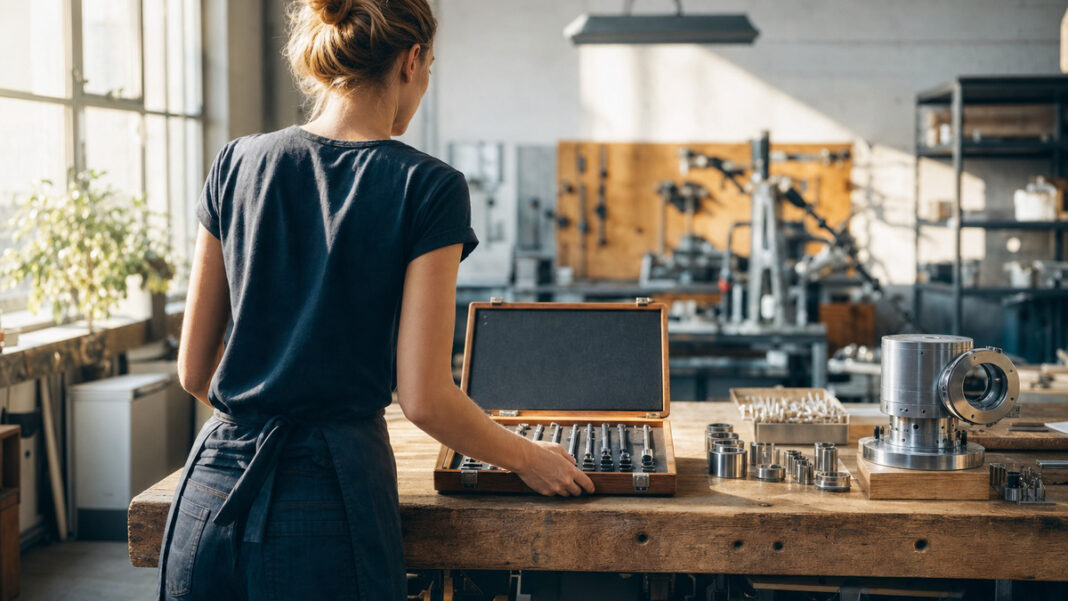 Gründerin arbeitet in heller Werkstatt an einem Prototypen neben sortierten Bauteilen