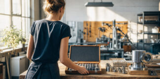 Gründerin arbeitet in heller Werkstatt an einem Prototypen neben sortierten Bauteilen