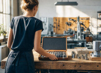Gründerin arbeitet in heller Werkstatt an einem Prototypen neben sortierten Bauteilen