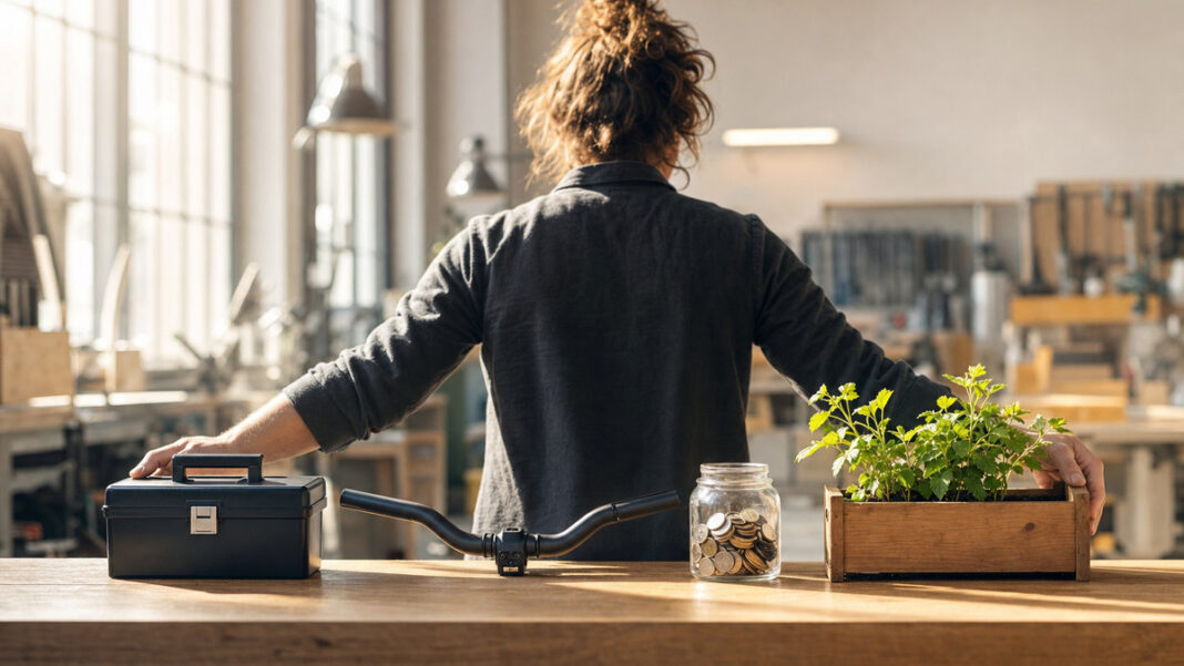 Versicherungen für Startups Vier Schutzobjekte stehen nebeneinander, eine Person ordnet sie in einer hellen Werkhalle bei natürlichem Licht.
