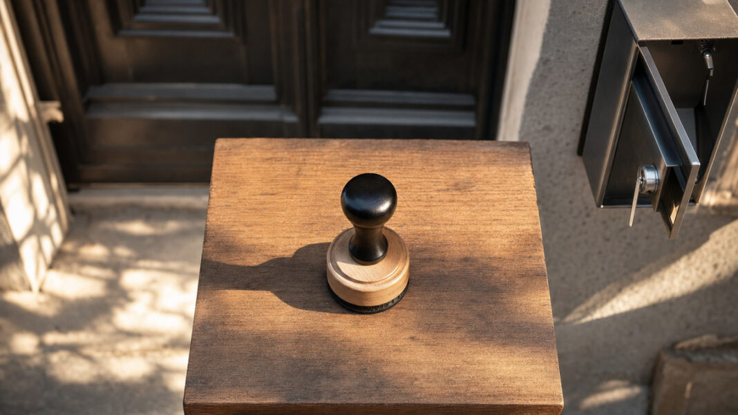 Firmenstempel auf Holz neben einem offenen Briefkastenschloss an einer Hausfassade im Morgenlicht