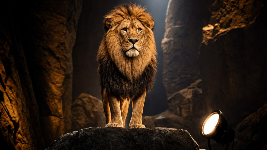Löwe steht in einer Felsgrotte im warmen Licht