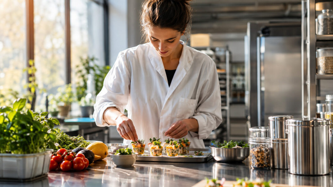 Gründerin prüft Food-Proben in einer hellen Produktionsküche neben frischen Zutaten