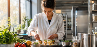 Gründerin prüft Food-Proben in einer hellen Produktionsküche neben frischen Zutaten