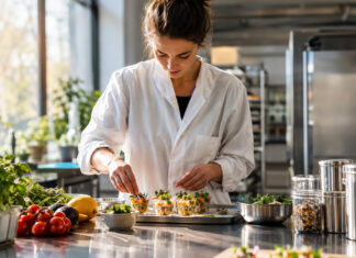 Die besten Food Startups Gründerin prüft Food-Proben in einer hellen Produktionsküche neben frischen Zutaten