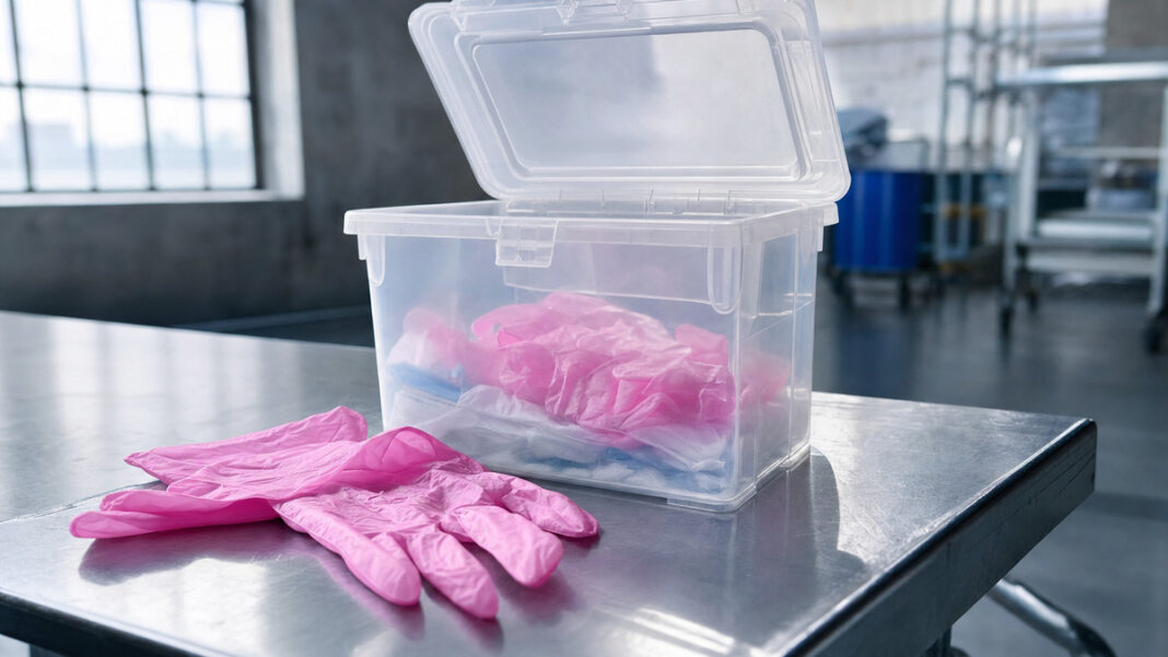 Pinkfarbene Einweghandschuhe auf Metalltisch neben offenem Hygieneabfall-Behälter in heller Industriehalle