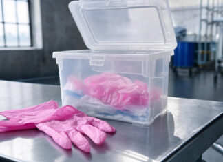 Startup News KW15 | DHDL: Pinky Gloves sorgt für Ärger Pinkfarbene Einweghandschuhe auf Metalltisch neben offenem Hygieneabfall-Behälter in heller Industriehalle