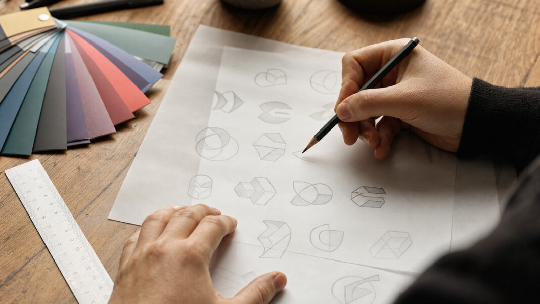 Hände skizzieren mehrere Logo-Entwürfe auf Transparentpapier neben Farbfächern.