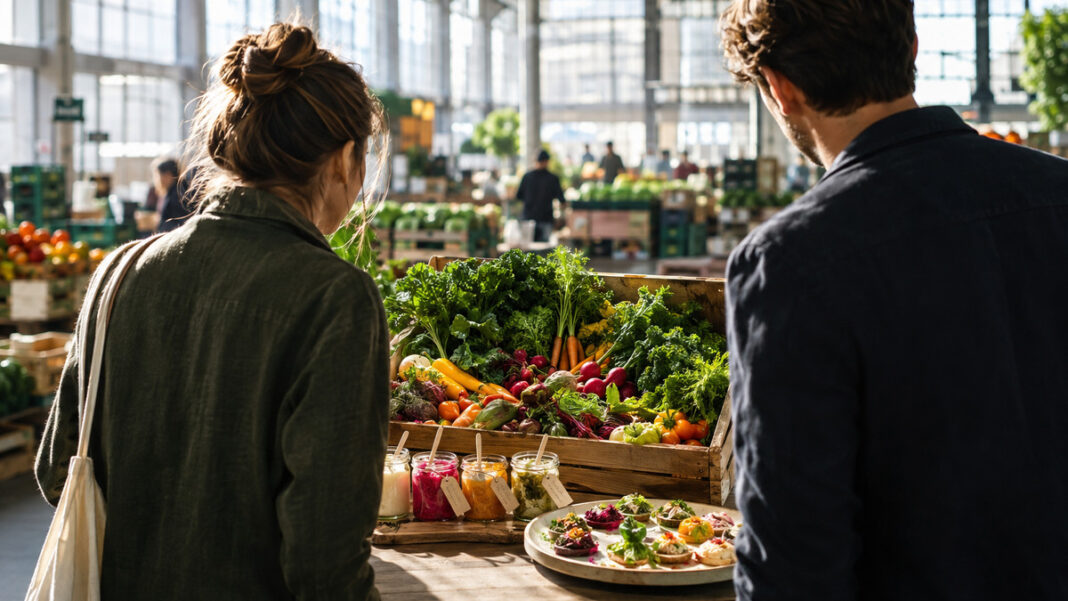 Food-Startups in der Großmarkthalle Gründerpaar in einer Großmarkthalle mit Obst, Gemüsekörben und Food-Proben im Morgenlicht