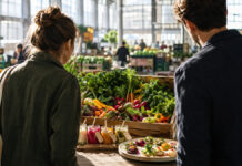Gründerpaar in einer Großmarkthalle mit Obst, Gemüsekörben und Food-Proben im Morgenlicht