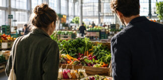 Gründerpaar in einer Großmarkthalle mit Obst, Gemüsekörben und Food-Proben im Morgenlicht