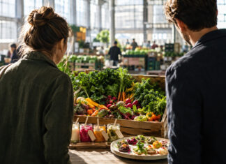 Gründerpaar in einer Großmarkthalle mit Obst, Gemüsekörben und Food-Proben im Morgenlicht