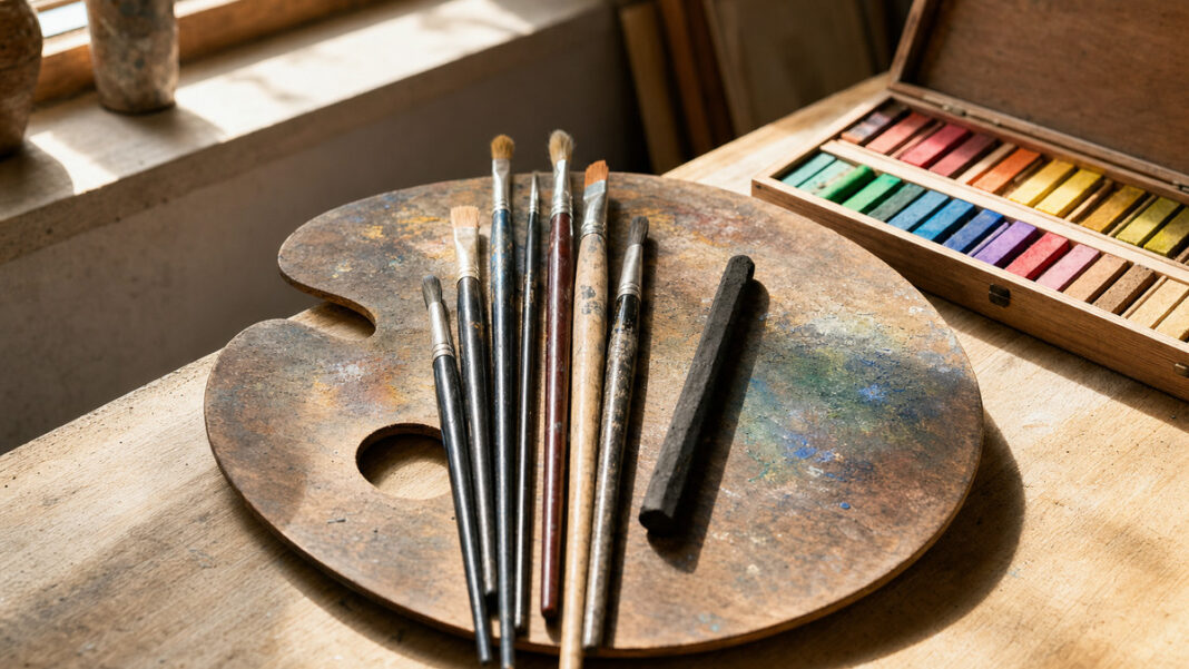 Farben und Pinsel auf einer Werkbank neben einer offenen Farbkiste im Atelier