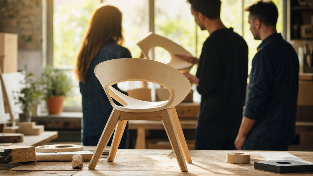 Lean Startup Prototyp in Werkstatt Halbfertiger Produktprototyp in einer Werkstatt, daneben zwei Gründer von hinten mit einem Kunden