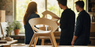 Halbfertiger Produktprototyp in einer Werkstatt, daneben zwei Gründer von hinten mit einem Kunden