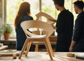 Halbfertiger Produktprototyp in einer Werkstatt, daneben zwei Gründer von hinten mit einem Kunden