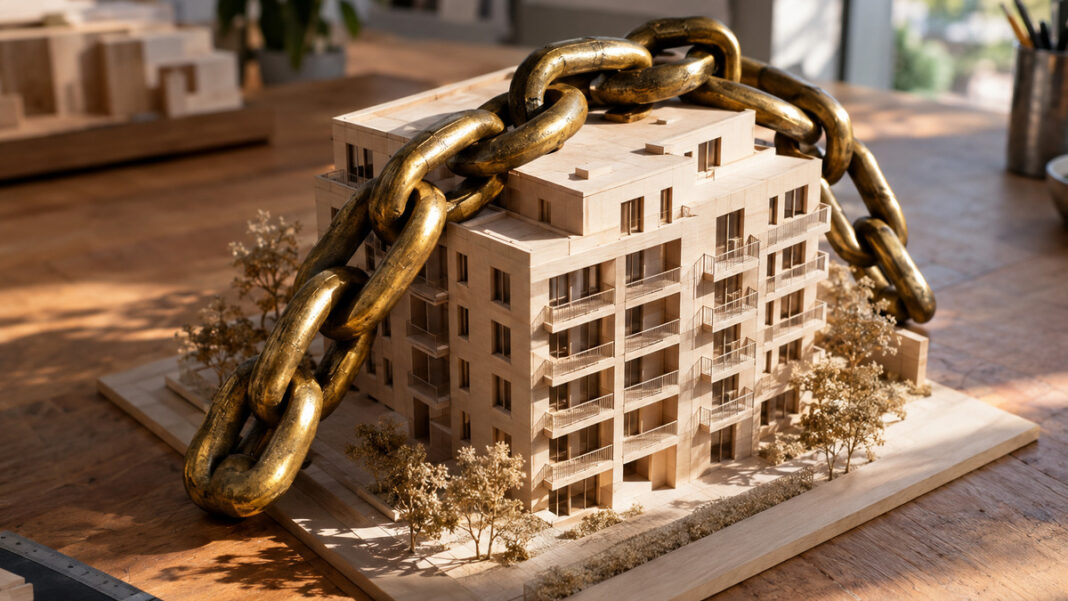 Messingkette über dem Holzmodell eines Wohnhauses