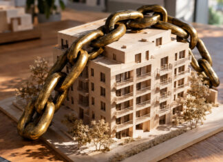 Messingkette über dem Holzmodell eines Wohnhauses