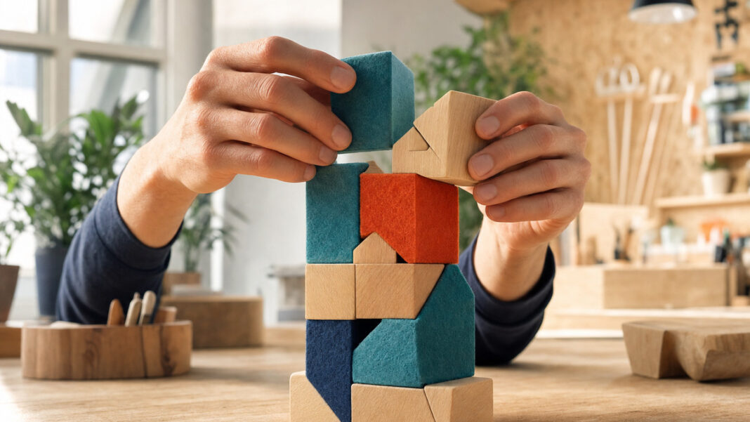 EdTech Startups Lernbausteine Hände setzen Lernbausteine aus Holz und Filz in einem hellen Raum zusammen
