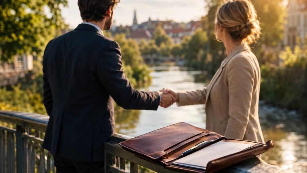 Gründer und Investorin geben sich auf einer Brücke die Hand, daneben eine offene Ledermappe.