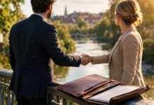 Checkliste: Passt der Investor zu meinem Startup? Gründer und Investorin geben sich auf einer Brücke die Hand, daneben eine offene Ledermappe.