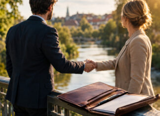 Gründer und Investorin geben sich auf einer Brücke die Hand, daneben eine offene Ledermappe.