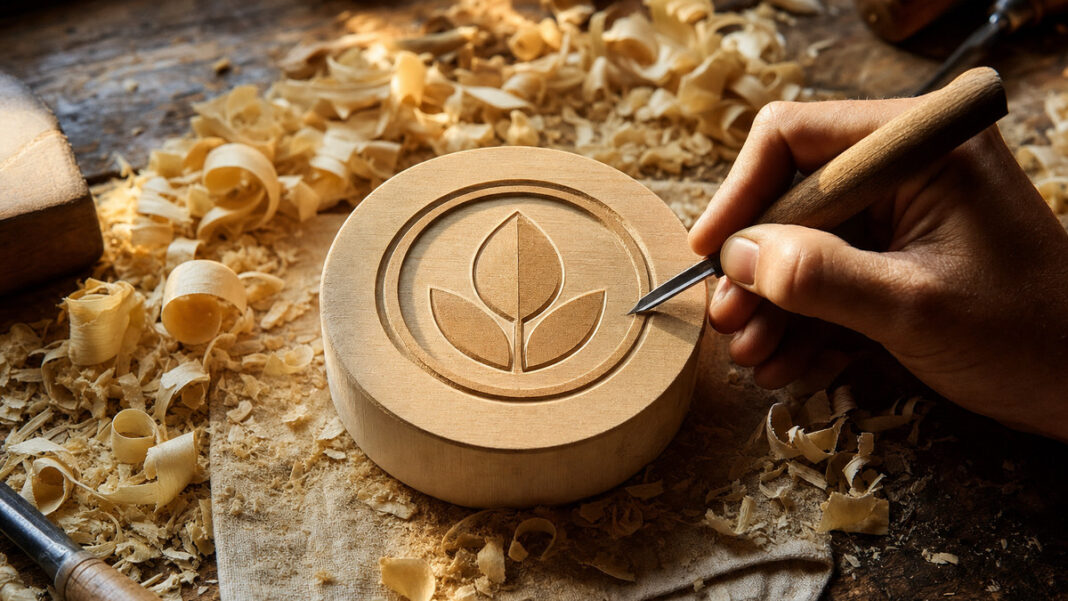 Logo-Entstehung im Atelier Holzstempel mit halbfertigem Emblem auf Werkbank, Hand schnitzt am Detail, warmes Licht