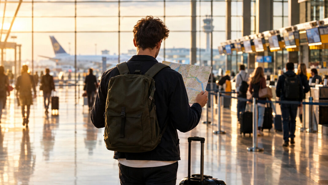 Travel Startups Berlin Gründer mit Stadtplan und Rollkoffer in einer Berliner Flughafenhalle bei warmem Tageslicht