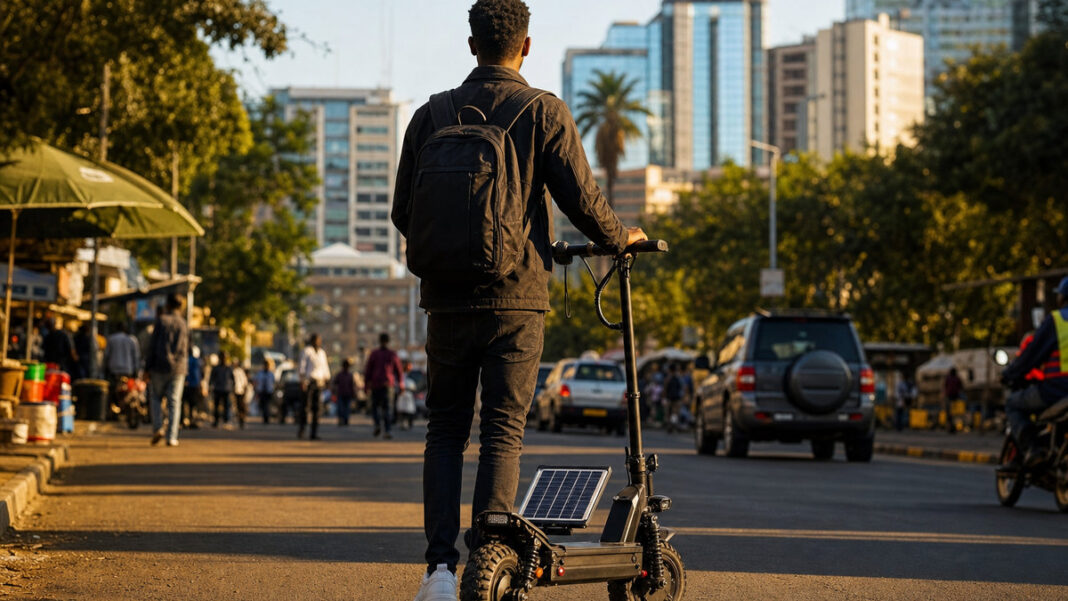 Gründer von hinten neben einem Elektro-Scooter mit Solarpanel in Nairobi